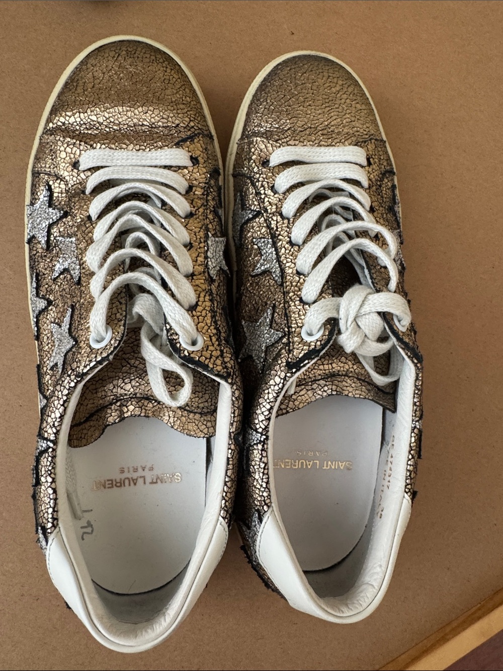 Saint Laurent Metallic Gold Crackle Sneakers with Silver Star Accents